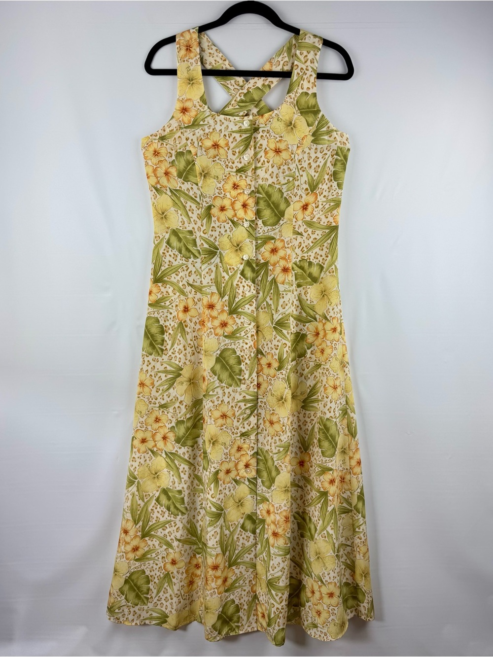 Butter Yellow Hibiscus Floral Sleeveless A-Line Silk Maxi Sun Dress